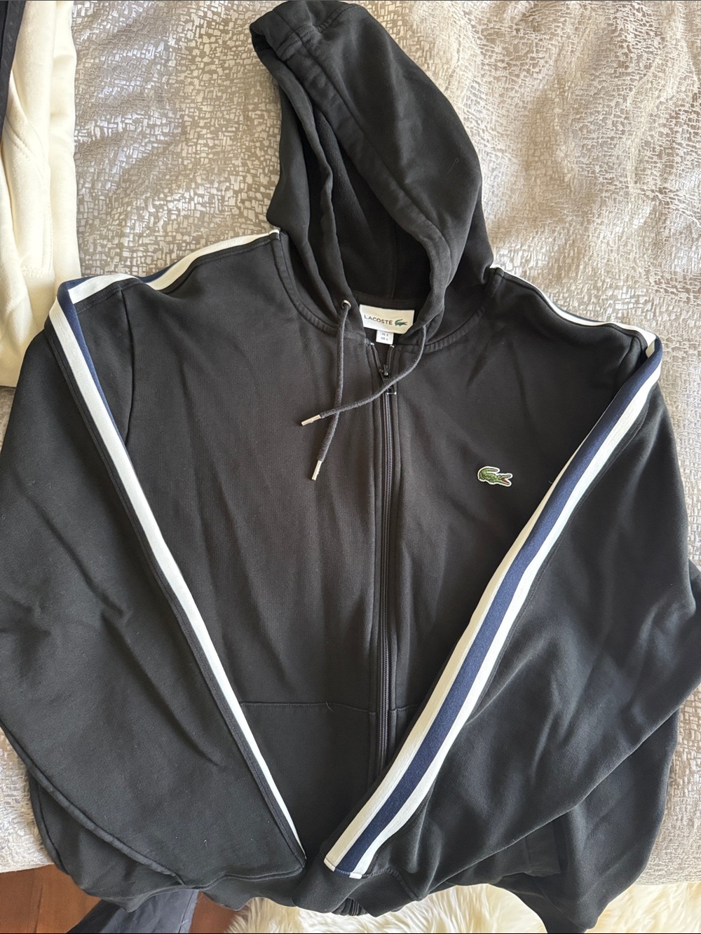 Lacoste Men’s Black Zip Hoodie with Navy and White Shoulder Stripes
